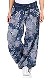 Moda Italy Damen Haremshose Pumphose Ballonhose Pluderhose Yogahose Aladinhose Harem Sommerhose mit Stoffgürtel Flower-Print, One Size Gr.36-42, Blau