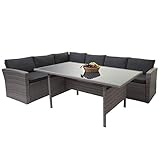 Mendler Poly-Rattan-Garnitur HWC-A29, Gartengarnitur Sitzgruppe Lounge-Esstisch-Set Sofa - grau, Kissen grau