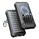 Solar Powerbank 26800mAh mit 4 Kabeln, Wireless Solar Powerbank USB-C 15W Schnellladung 6 Ausgänge 3 Eingänge für Handy Tablets, Wasserdichtes Solar Ladegerät Externer Akku mit Taschenlampe, Karabiner