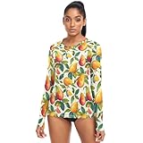 Damen Rashguard Sonnenschutz Kleidung UPF 50+ Langarm Sonnenshirt Surf Bademode Top, Niedliche Mangos und grüne Blätter, Large