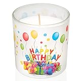 Candelo Hochwertige Happy Birthday Kerze im Glas Ambiente Geburtstagskerze 7cm x 8cm - 25 Std Brenndauer Windlicht geruchlos Glaskerze