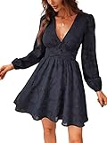 CUPSHE Damen Kleid Spitzenkleid V Ausschnitt Knöpfen Langarm Floral Spitze A Linie Freizeitkleider Elegant Party Mini Dress Navy XL