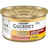 Gourmet Gold Zarte Häppchen in Sauce Katzenfutter nass, mit Lachs und Huhn, 12er Pack (12 x 85g)