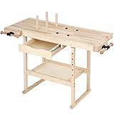 𝗧𝗜𝗠𝗕𝗘𝗥𝗧𝗘𝗖𝗛® Hobelbank - 1270 x 580 x 830 mm, aus Holz mit Spannzange, Schraubstock und Schublade, bis 200 kg belastbar - Werkbank, Werktisch, Arbeitsbank, Tischlerbank, Holzwerkbank