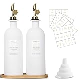 sunal Olivenöl Spenderflaschen,500ml/16,9 oz Olivenöl Spender Set mit Tablett,2er pack Glas Öl und EssigSpender Set mit beschwertem Ausgießer und wasserfestem Etikett&Silikon Trichter,weiß