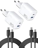 INIU 30W USB C Ladegerät 2-Pack, [USB-C + USB-A] Netzteil Mehrfach mit USB-C Kabel, PD 3.0 Schnellladegerät Stecker, USB C Adapter für iPhone 16 15 Pro Max, iPad Pro, Samsung S24 Ultra, Handy usw