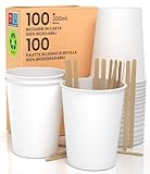 100 Pappbecher 200 ml aus Papier mit Einweg-Paletten für heiße und kalte Getränke, ökologische Tees, biologisch abbaubare Einweg-Tassen + 100 Paletten à 11 cm aus Birkenholz