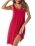 Uniexcosm Nachthemd Damen Ärmelloses Kurz Baumwolle Nachtkleid Spitze V-Ausschnitt Nachtwäsche Sexy rutschfeste Schultergurte Freizeitkleid Sleepwear Weinrot XXL