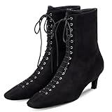 SEIFIN Stiefel mit Kätzchen-Absatz für Damen, Wildleder, Schnürstiefeletten, quadratischer Zehenbereich, niedriger Absatz, kurze Stiefel, bequem, weich, seitlicher Reißverschluss, elegante Herbst