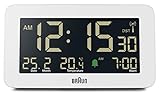 Braun Funk-Digitalwecker für die Mitteleuropäische Zeitzone (DCF) mit Datums-, Monats- und Temperaturanzeige, negativem LCD-Display und weißem Weckton, Modell BC10W-DCF.