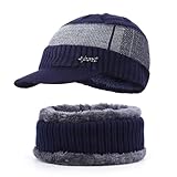 Men Winter Beanie Scarf Set with Visor Warm Knitted Thick Hat for Outdoor Baskenmütze Damen Wolle (Navy, One Size)