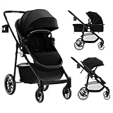 COSTWAY 2 in 1 Kinderwagen faltbar, Kombikinderwagen mit umkehrbarem Sitz & Liegefunktion, Reisebuggy mit verstellbarer Rückenlehne & Verdeck, tragbares Reisesystem für Baby bis 3 Jahren (Schwarz)