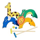 Relaxdays Krocket Spiel Kinder, 2 Spieler, Komplettset mit Schläger, Bällen & Toren, Tier-Design, Croquet Set Holz, bunt