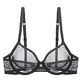 YANDW Sexy Durchsichtiger Nicht-Wattierter BHS Ungefüttert Bügel Spitze Mesh Ultra Dünner transparenter Bralette Schwarz, 95C