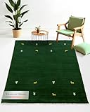 carpetfine Wollteppich Gabbeh Uni Grün 60x90 cm | Moderner Teppich für Wohn- und Schlafzimmer