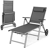 COSTWAY Sonnenliege Aluminium mit Rollen, klappbare Gartenliege mit hoher Sitzhöhe, Verstellbarer Rückenlehne und abnehmbarem Kopfkissen, Liegestuhl, Klappliege für Garten, Balkon, Terrasse