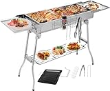 Holzkohlegrill (122 * 30 * 75cm),Tragbarer Kohlegrill, Klappgrill Edelstahl, BBQ Charcoal Grill mit Antihaft-Pfanne, Einstellbare Belüftungsöffnungen, Camping Grill für Garden Backyard Picknick