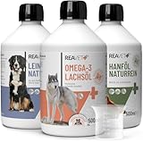ReaVET Futteröl Hunde, 3 Sorten x 500ml, Barföl Hund - Set aus Lachsöl, Leinöl & Hanföl - Barf Zusatz, Kaltgepresst, Omega-3 Fettsäuren, Ohne Zusätze