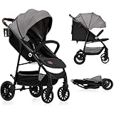 LIONELO Zoey Kinderwagen Buggy bis zu 15 kg, XXL-Verdeck mit Sonnenschutz, Liegeposition, Fußstützenverstellung, EVA Schaumstoffräder, Moskitonetz, zusammenklappbar Grau