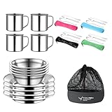 TAN REN Campingbesteck Set 4 Personen, 24 Teiliges Camping Geschirr Set Edelstahl, Picknick Camping Besteck Set, Outdoor Reisebesteck aus Edelstahl mit Messer, Gabel, Löffel für Reisen, Wandern