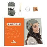 myboshi Strickset Mütze Elgin, Strickset für Anfänger, inkl. No.1 Wolle, Nadel und Anleitung, Label, Strickpaket, 30% Merinowolle Titangrau mit Rundstricknadel