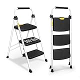 HBTower Trittleiter 3 Stufen Klappbar, Kleine Leiter mit Gummihandgriff, Rutschfester Design, Aus hochwertigem Legierungsstahl, Tragfähigkeit bis 150kg, tragbare 3 Stufen Leiter für Haushalt und Büro