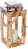 Lights4fun Salcombe Holz Laterne mit LED Kerze Batteriebetrieb Timer Echtholz Laterne Innen Indoor mit Timer Beleuchtung Windlicht Terrasse Balkon 28 cm