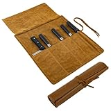 Echtes Leder Messertasche,Messertasche Kochmesser,Tragbare Messer Rolltasche mit 5 Fächern,Koch Messer Tasche,Messerrolle für Camping Wandern,Knife Roll Bag Geschenke für Männer Frauen. (Dunkelbraun)