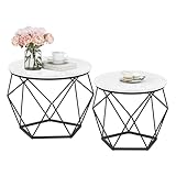 VASAGLE Couchtisch rund, 2er Set, Wohnzimmertisch, Beistelltisch, modern, abnehmbare Tischplatte, für Wohnzimmer, marmorweiß-tintenschwarz LET040B59