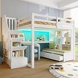 Etagenbett 140x200 mit LED & USB-Ladesteckdose, Kinderbett Hochbett mit Schreibtisch&Bücherregal&Stauraumtreppe&Schubladen, Kieferholz Funktionsbett Stockbett Spielbett Jugendbett, Ohne Matratze,Weiß