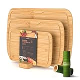 KitchenBoss Schneidebrett Bambus Holzbrett Küche mit Saftrille-Dickes Holzschneidebrett -3 Stück 38x25cm/33x20cm/25x15cm zum Schneiden, Snack und Käsetablett, Frühstücksbrettchen Holz