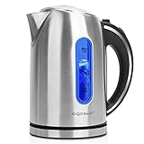 Aigostar King - Wasserkocher Edelstahl 1,7 liter, Elektrischer Wasserkocher mit Kalkfilter, LED Beleuchtung Wasserstandsanzeige, 2200 Watt, Verdecktes Heizelement, Abschaltautomatik, BPA frei