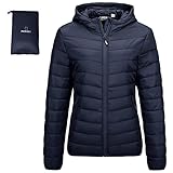 Outdoor Ventures Damen Steppjacke Leichte Packbare Übergangsjacke Warme Winterjacke mit Kapuze für Frauen Gefüttert Pufferjacke mit Taschen für Freizeit Wandern Reisen Dunkelblau L