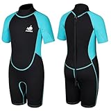 AOOSA Neoprenanzug Kinder für Jungen und Mädchen, 2.5 mm Neopren Thermo Badeanzug, Shorty Neoprenanzug mit Reißverschluss Hinten für Wassersport, Schwimmen, Schnorcheln, Surfen, Tauchen (Blau, L)