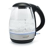Korona 20608 Glas-Wasserkocher|1,2 Liter Kapazität|Blaue LED-Beleuchtung während des Kochvorgangs|Verdecktes Heizelement|Überhitzungs- und Trockengehschutz|Kalkfilter|2200 Watt, Edelstahl, Schwarz
