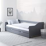 Homestyle4u 2506, Holzbett 90 x 200 cm Grau mit Lattenrost & Bettkasten Einzelbett 90x200 Bettgestell Ausziehbett Kiefer