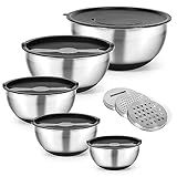 Cinnani Edelstahl Schüssel 5er-Set, Rührschüsseln, Salatschüssel, Küchenschüssel mit Deckeln, Multifunktional schüsseln mit 3 Reibenaufsätzen und Rutschfestem Silikonboden, Stapelbar