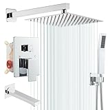 ROVOGO 30x30cm Chrom Unterputz Duscharmatur Set Duschkopf Eckig, Duscharmaturen Komplettset mit Wanneneinlauf und Handbrause aus Edelstahl 304, Ganzmetall Duschsystem Duschset Regendusche mit Armatur