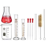 Glas Erlenmeyerkolben Set, JESTOOLO 50 ml Becherglas, 50 ml Konisch Fläschchen, 10 ml/5ml Messzylinder Glas mit 3 Glas Pipetten, 2 Waschbürste und 2 Glasstab, für Labor Lebensmittel Forschung Medizin