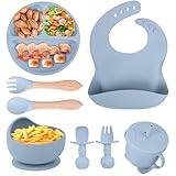 TTSTOIEE Kindergeschirr aus Silikon, Kinderplatte Zbaby mit Saugnapf zhe 8 Teil BPA Kostenlos Esslöffel Gabel Bowl Bib Cup Drinking Learning Cup (Grau Blau)