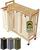 AMBIAVO® Wäschekorb 3 Fächer mit Rollen [beige, 100% Baumwolle, Bambus, 90 l Volumen] | Wäschesammler für Schmutzwäsche| Wäsche Sortiersystem | Wäschesortierer Holz | Wäschebox | laundry baskets