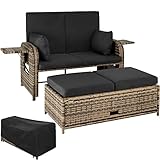 TecTake 800934 Aluminium Polyrattan Lounge, 2er Garten-Sofa mit 6-Fach Verstellbarer Rückenlehne, wetterfest und rostfrei, inkl. Auflagen, Kissen + Schutzhülle (Natur | Nr. 403709)