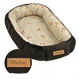 Flumi Babynest Kokon Baby Kuschelnest wendbar aus Baumwolle und Velvet, OEKO-TEX, personalisierbar mit Namen, für Neugeborene (Teddybär schokoladenbraun)
