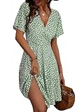 FENSACE Damen-Sommerkleid, Sommerkleid, Blumenmuster, kurzärmelig, Wickelkleid, V-Ausschnitt, A-Linie, Floral-32, XL
