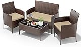 UDPATIO Polyrattan Sitzgruppe Fort 4 Personen Tisch mit 2er Sofa, 2 Stühle & Sitzkissen für Terrasse, Balkon, Garten, Balkonmöbel Rattan Gartenmöbel Set, Braun+Schwarz & Cremefarbene Bezüge