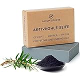 larum sports schwarze Seife, Aktivkohle Seife Gesicht mit Teebaumöl gegen Akne und Pickel, Gesichtsseife für unreine und fettige Haut, 90g