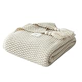 Zoomlie Nordic Handgemachte Strickdecke, modischer Überwurf, für Sofa, Bett und als Zudecke, Polyester baumwolle, beige, 130x170cm