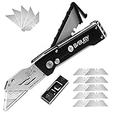 BIBURY Cuttermesser, Portabel Teppichmesser, Faltbares Universalmesser mit 15 Extra SK5 Edelstahlklingen und Klingenaufbewahrung, Universal-Klappmesser Metall für Teppich, Karton und Tapeten