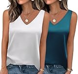 Zeagoo 2er Pack Damen Satin Top Elegant Seidentop Basic V-Ausschnitt Tank Tops Frauen Sommer Shirts Satinbluse Weiß und Grün M