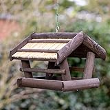 VOSS.garden Vogelfutterstation „Elga“ aus Holz Schwarz-Gebeizt zum Aufhängen mit Reetdach, Vogelhaus Vogelfutterhaus Futterhaus für Vogelfutter, Vogelstation, Futterhäuschen